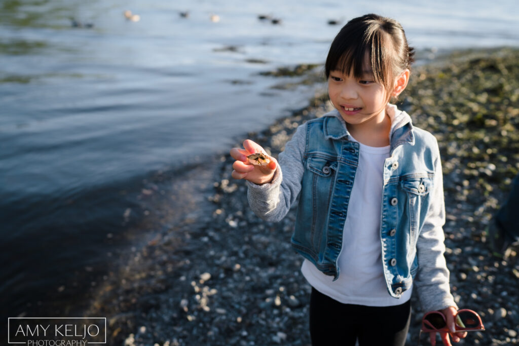 Young girl searching for shells on beach at Carkeek Park in Seattle